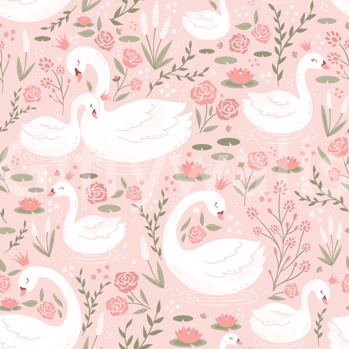 Artistic swan and garden illustration with soft colors and fantasy charm.