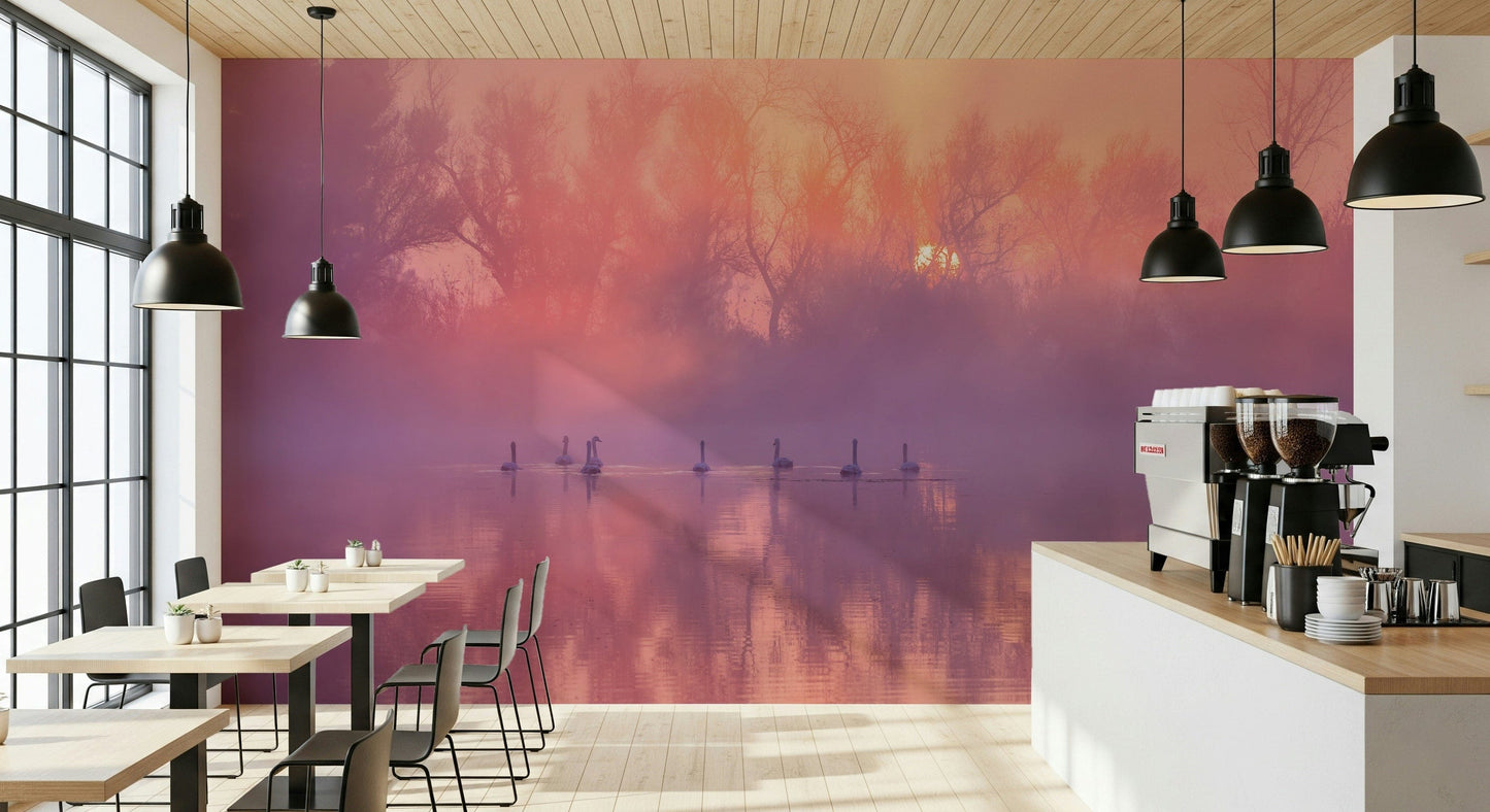 Artistic lake scene wallpaper with swans and gentle sunrise reflections.