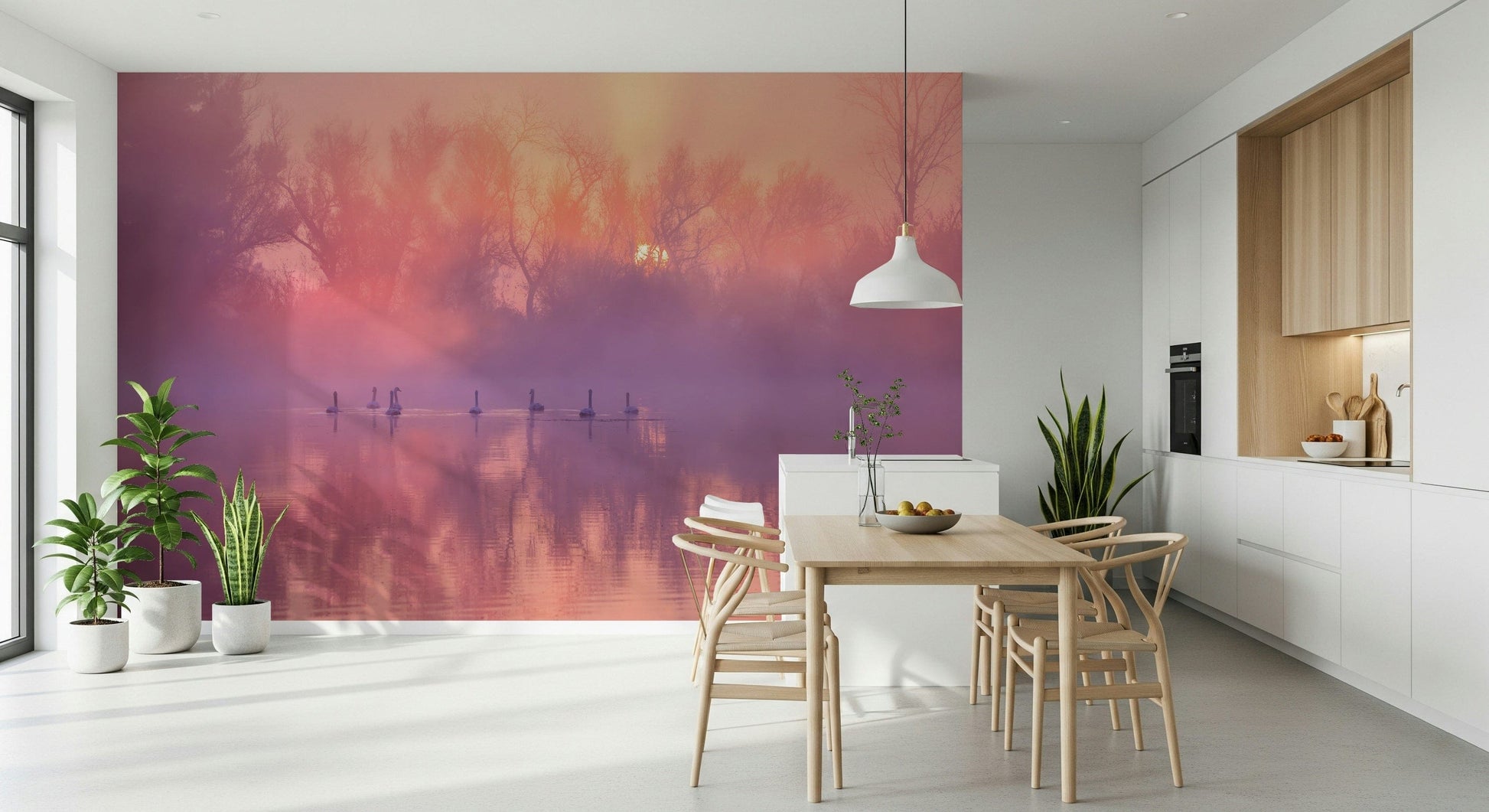Scenic wall mural with swans gliding across a tranquil sunrise-lit lake.