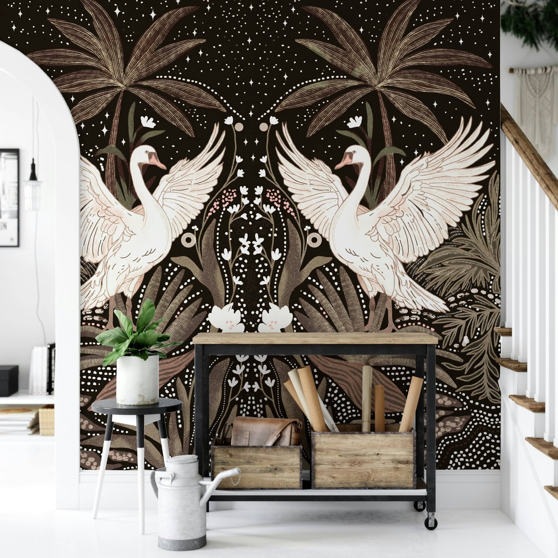 Ethereal birds illustration Swan Nightfall Serenity wall covering art.