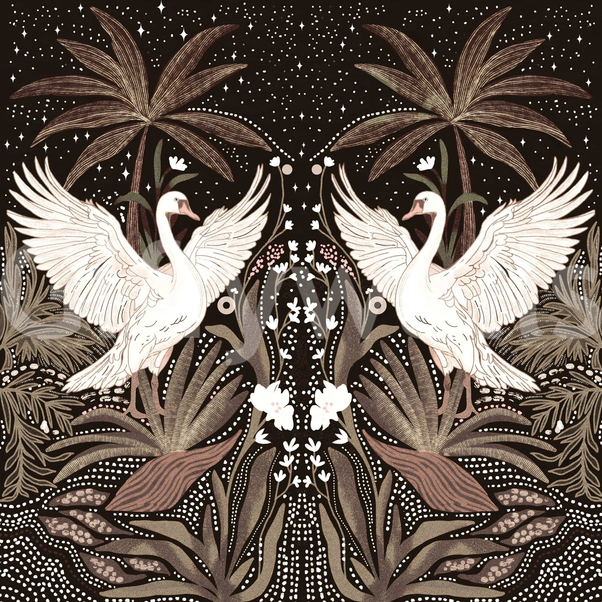 Elegant swans fantasy Swan Nightfall Serenity wall design.