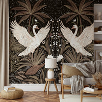 Night scene palms Swan Nightfall Serenity peel stick wallpaper.