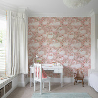 Enchanting wallpaper showing swans gliding through a magical flower garden.