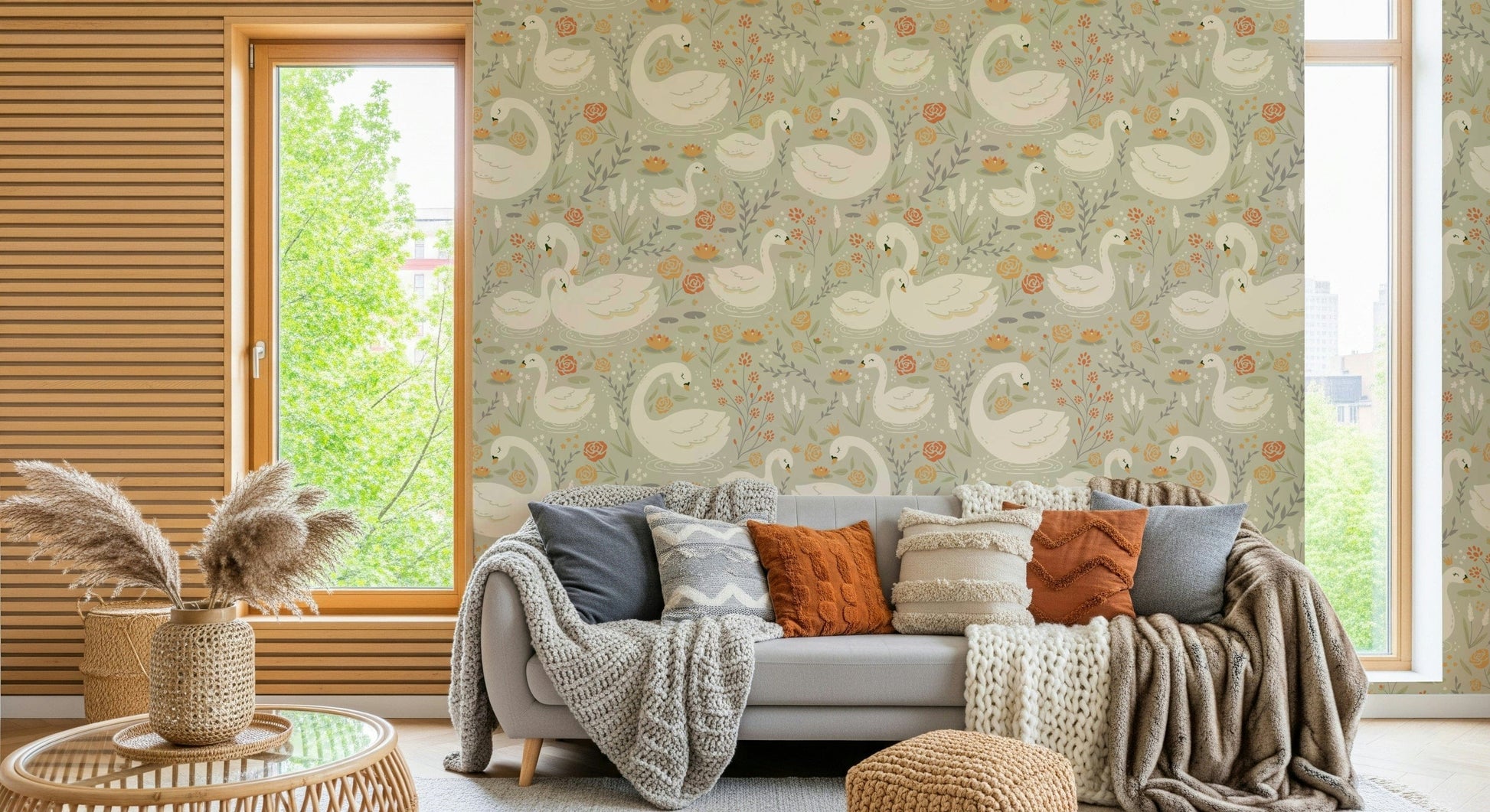 Swan Lake Dreams wallpaper featuring graceful swans gliding across a dreamy lake scene.