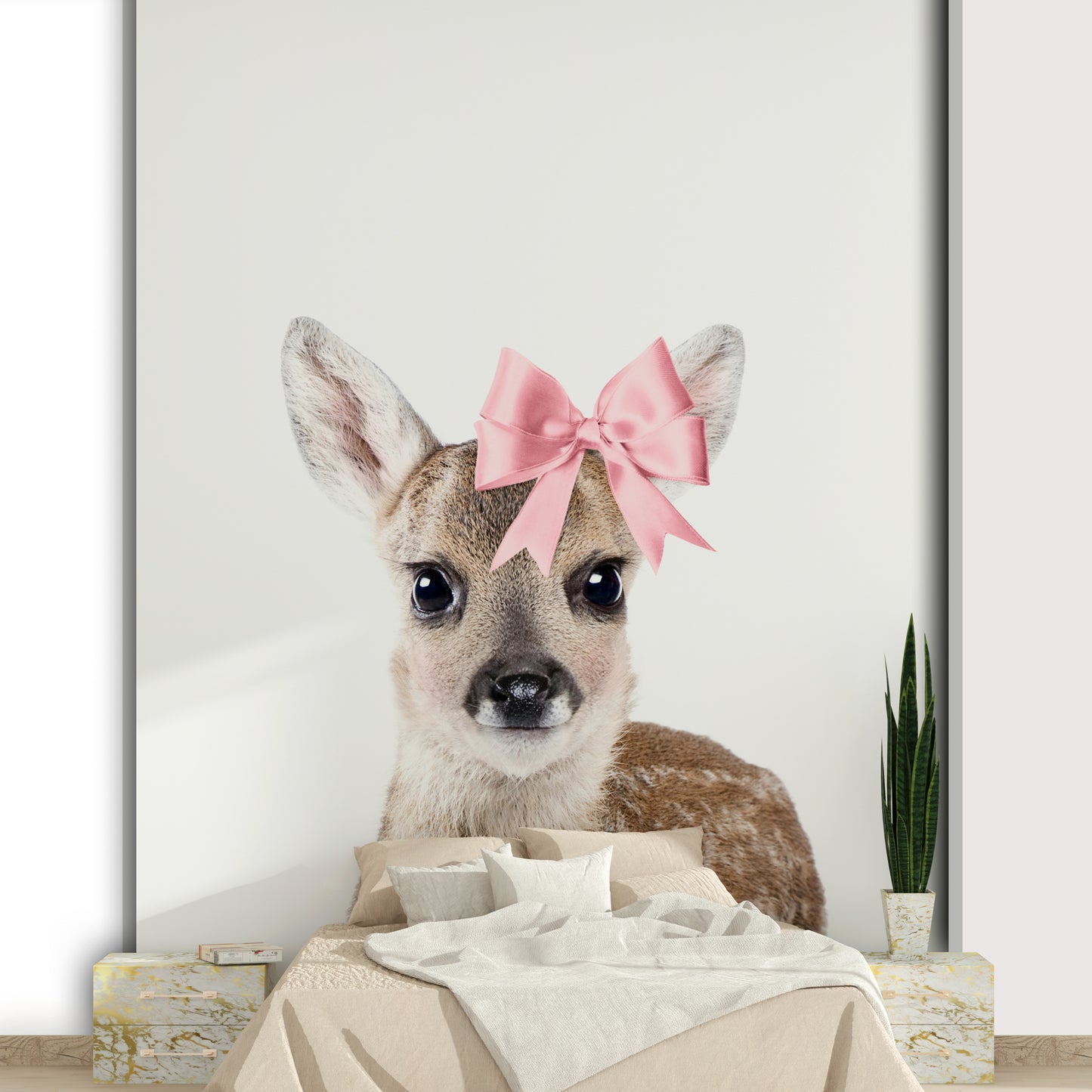 Peaceful baby deer mural in pastel landscape

