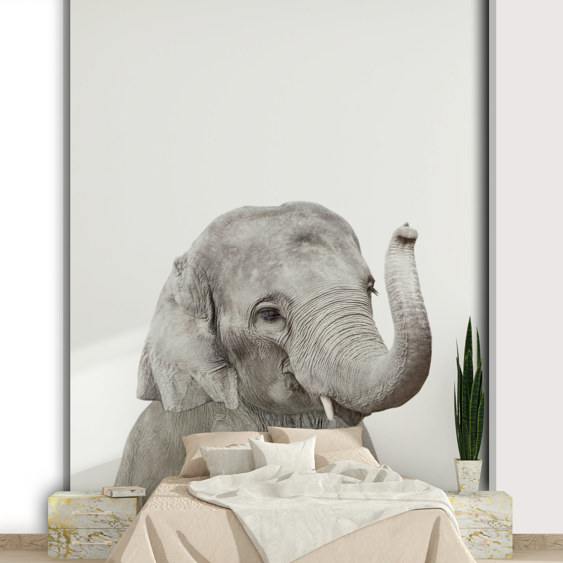 Peaceful nursery mural with baby elephant design

