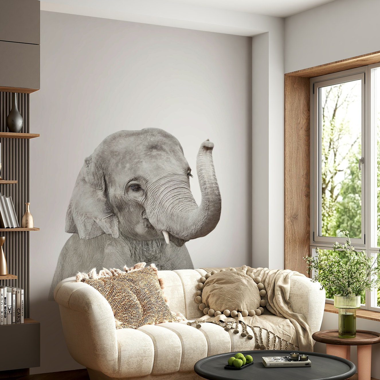 Baby elephant mural in soft pastel colors

