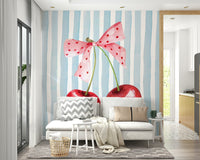 Bright sweet cherry stripes mural for lively spaces

