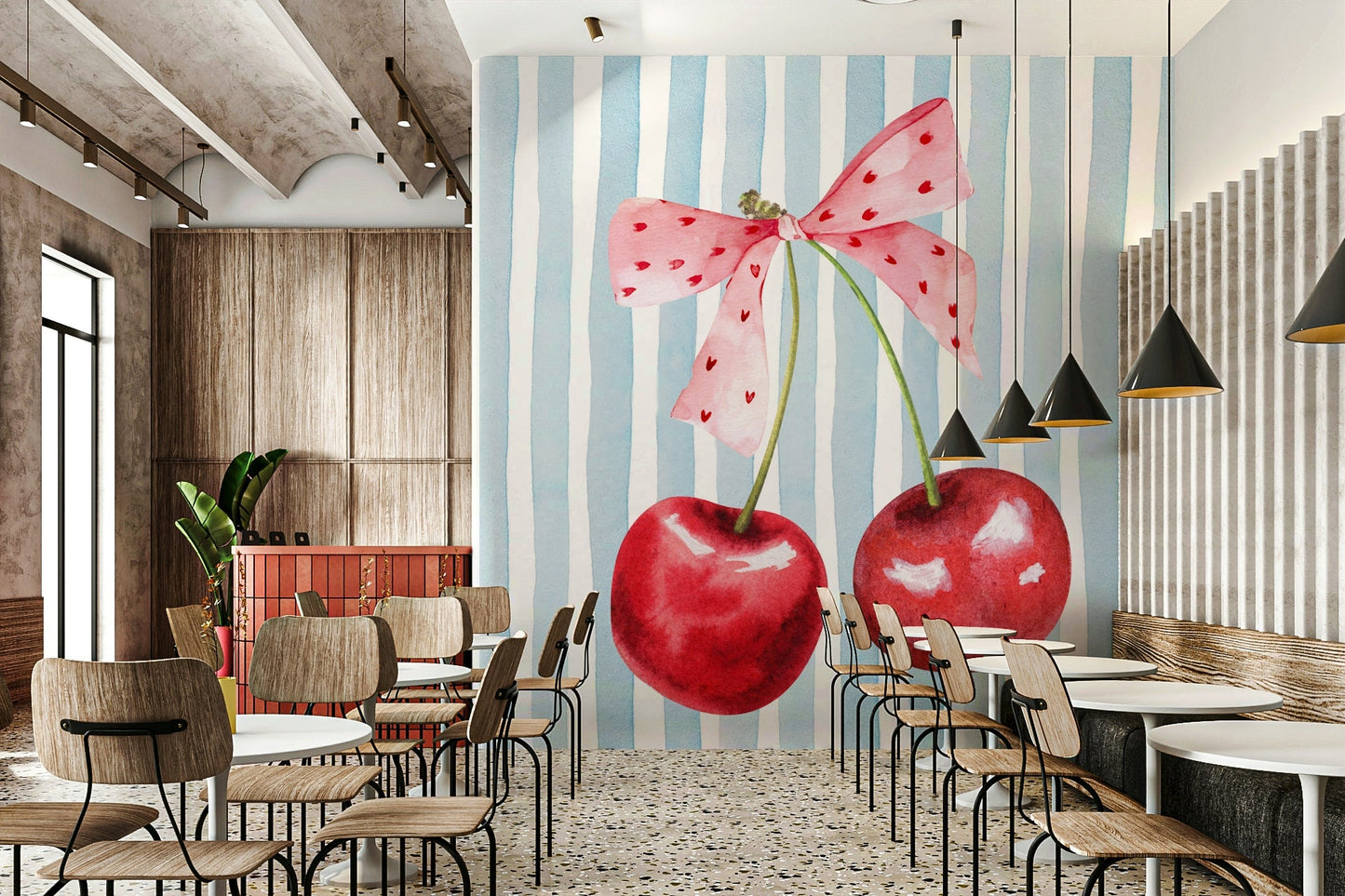 Cherry-themed stripes wall mural for a playful design

