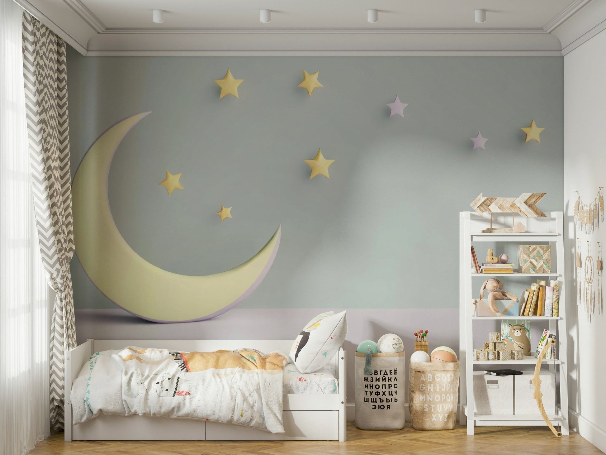 Pastel green sky wallpaper mural with animals and stars

