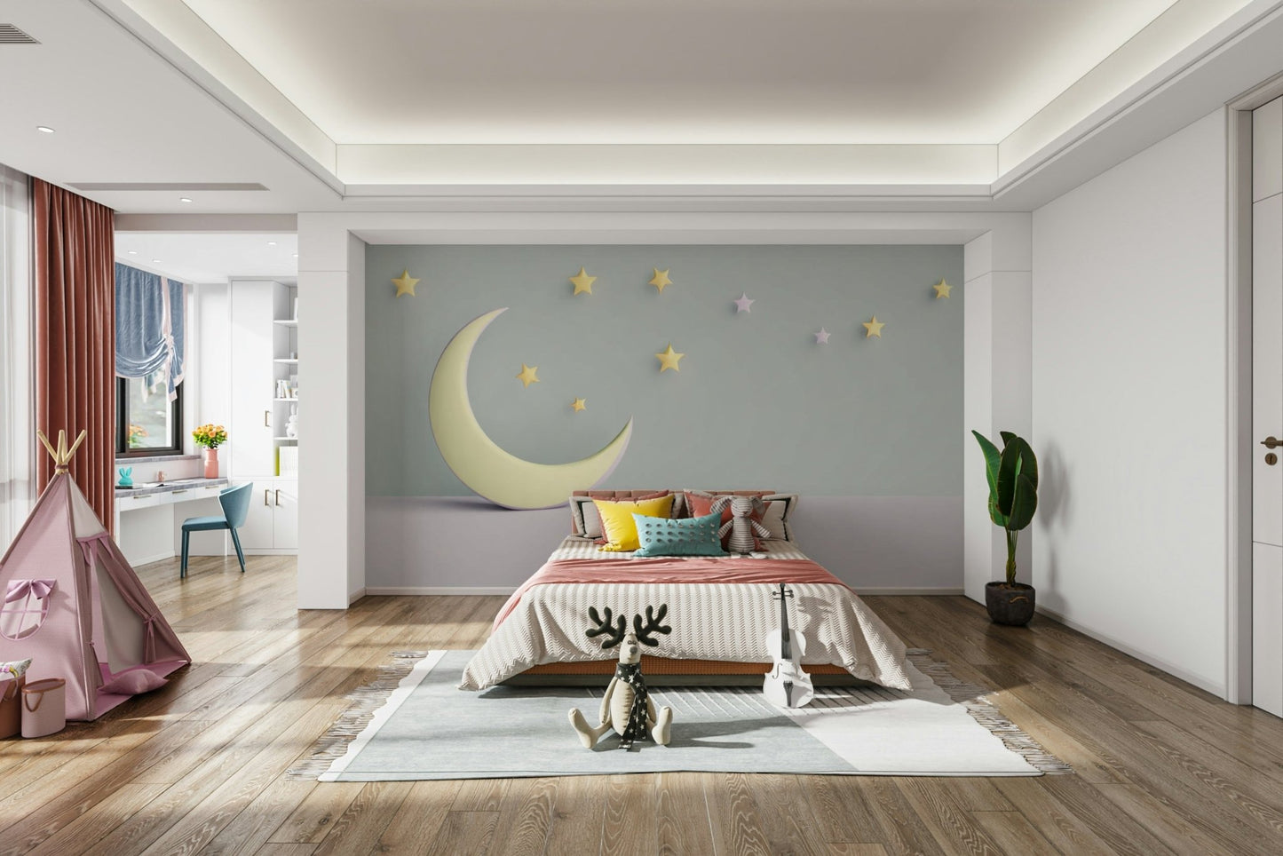Close‑up of moon and clouds in nursery wallpaper design

