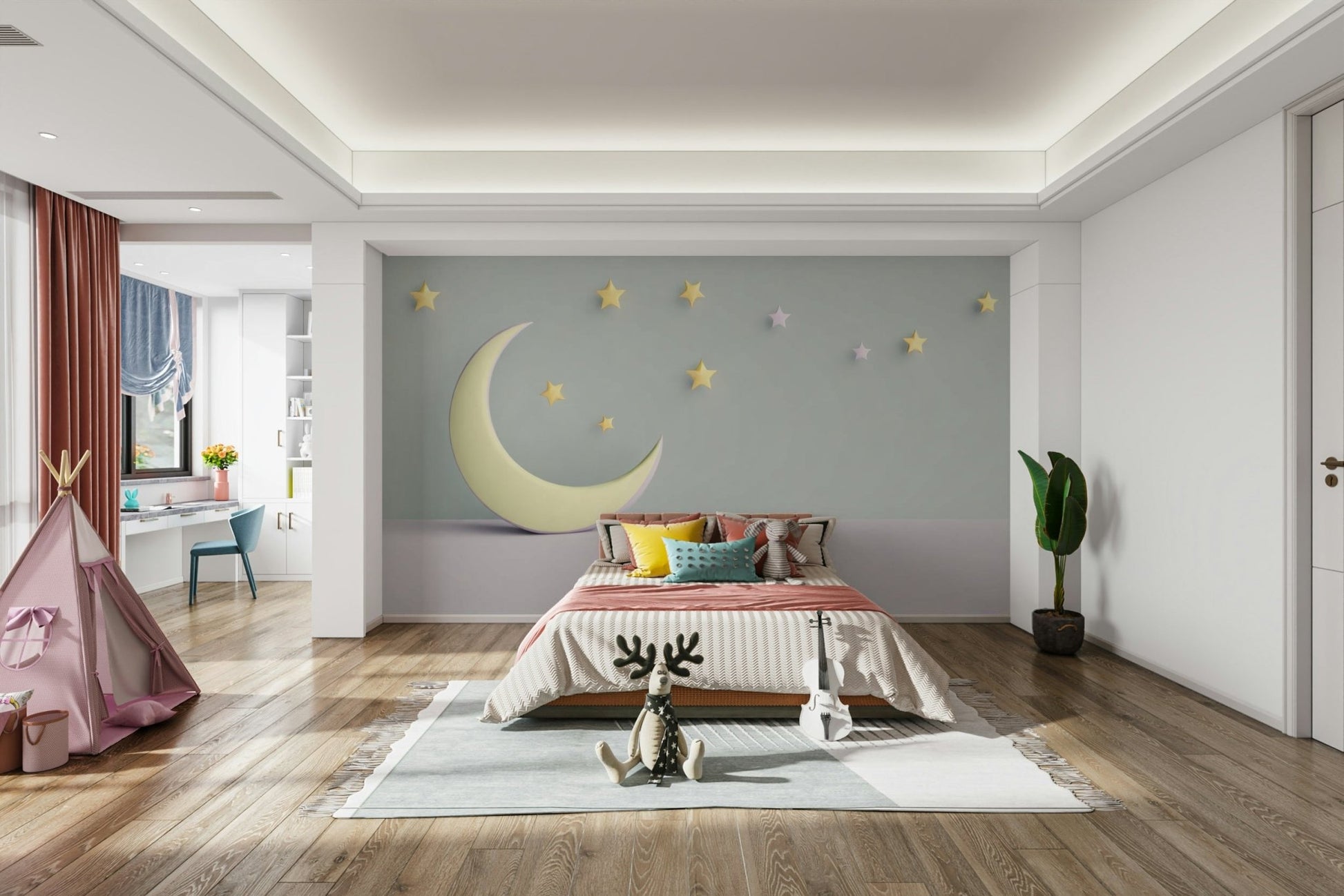 Close‑up of moon and clouds in nursery wallpaper design

