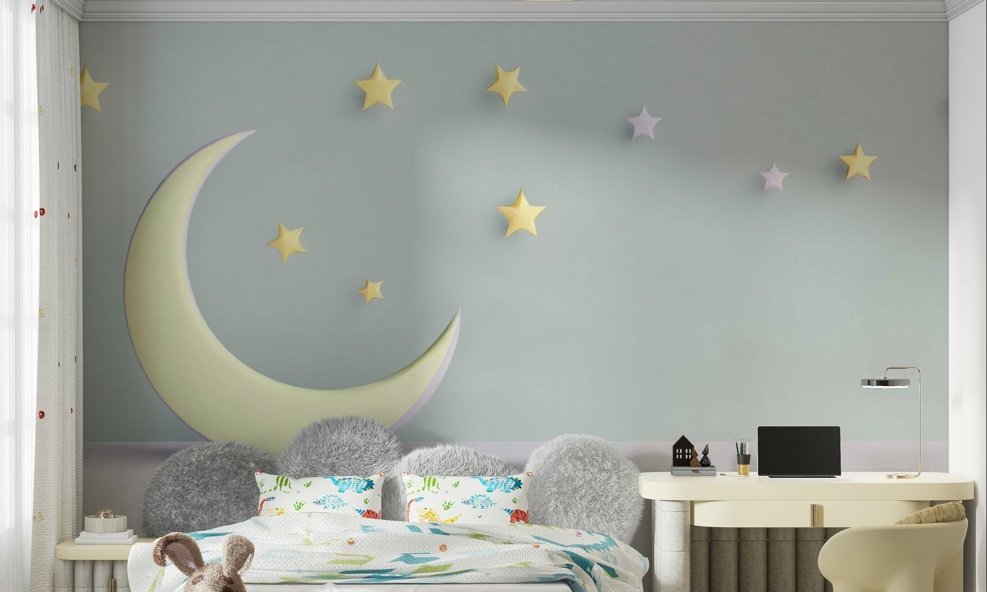 Nursery wall mural showing crescent moon and twinkling stars

