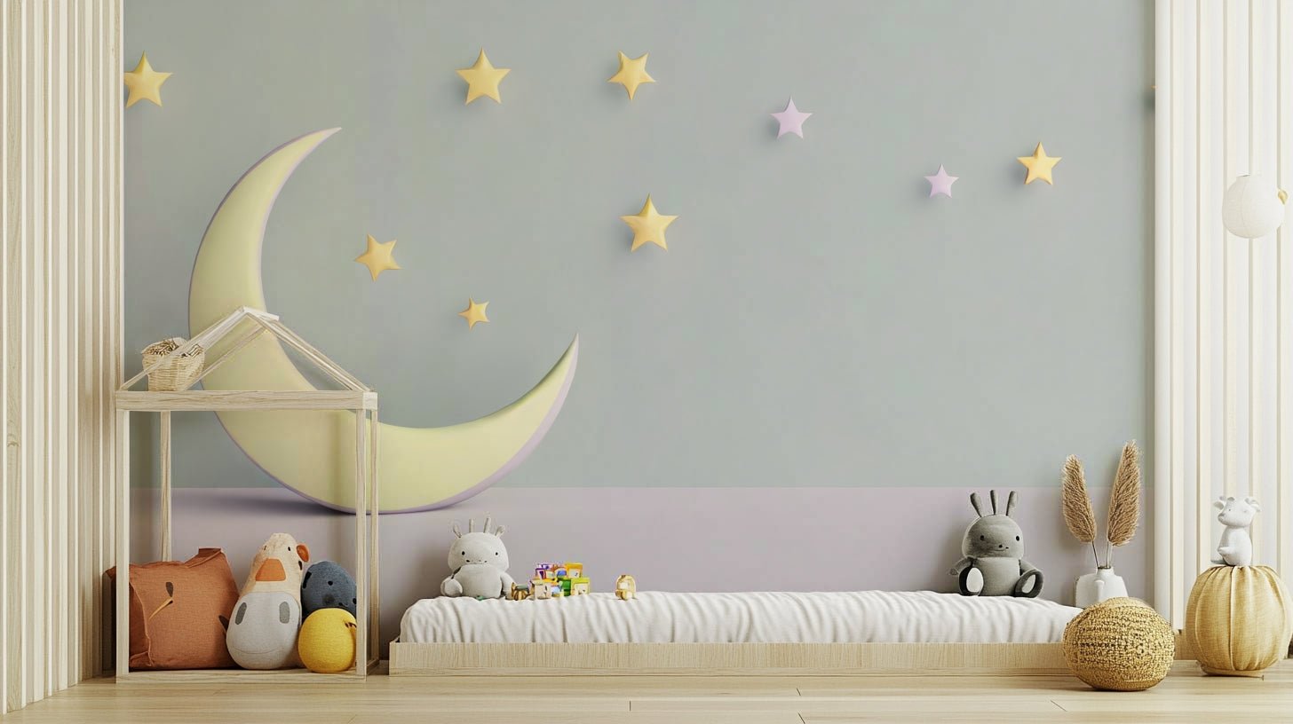 Soft‑tone nursery wallpaper mural with whimsical creatures

