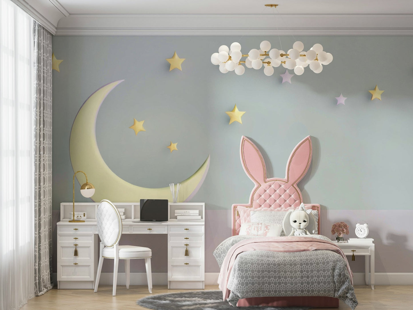 Gentle cloud shapes and moon over crib in wallpaper mural

