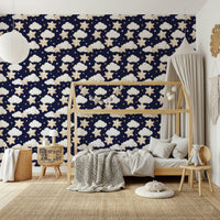 A nursery-friendly wallpaper with cute dreamy stars, tiny sparkles, and floating puffy clouds.