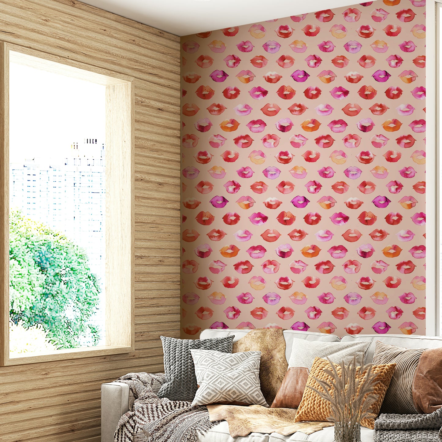 Scattered pink lip marks in various shades for stylish interiors.

