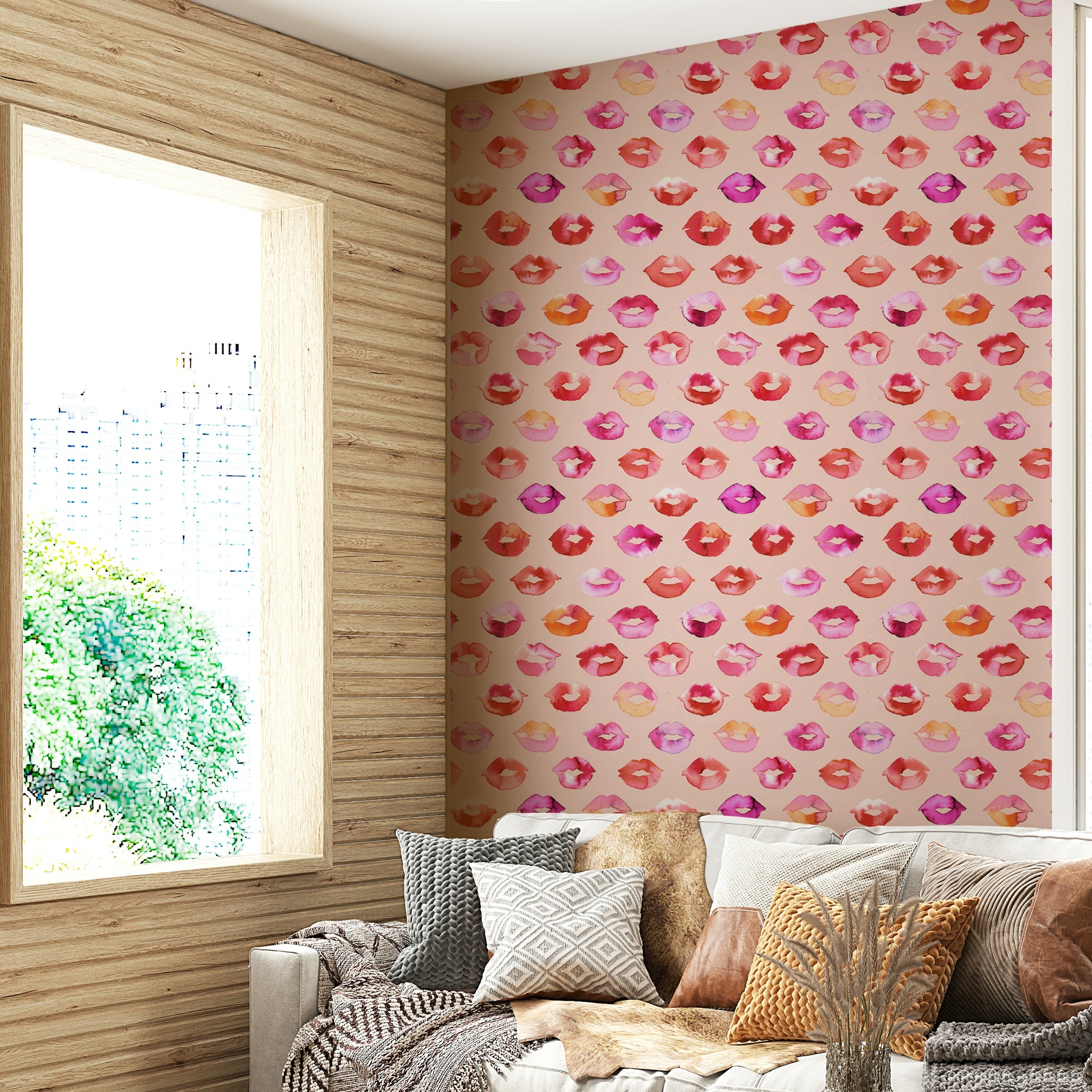 Scattered pink lip marks in various shades for stylish interiors.

