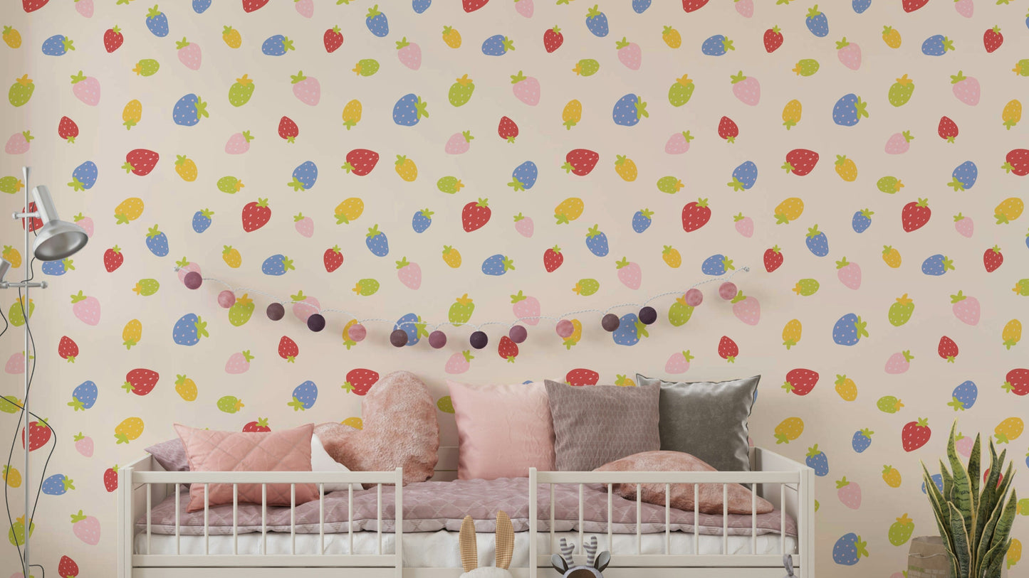 Cute strawberry pattern wallpaper for kids’ rooms

