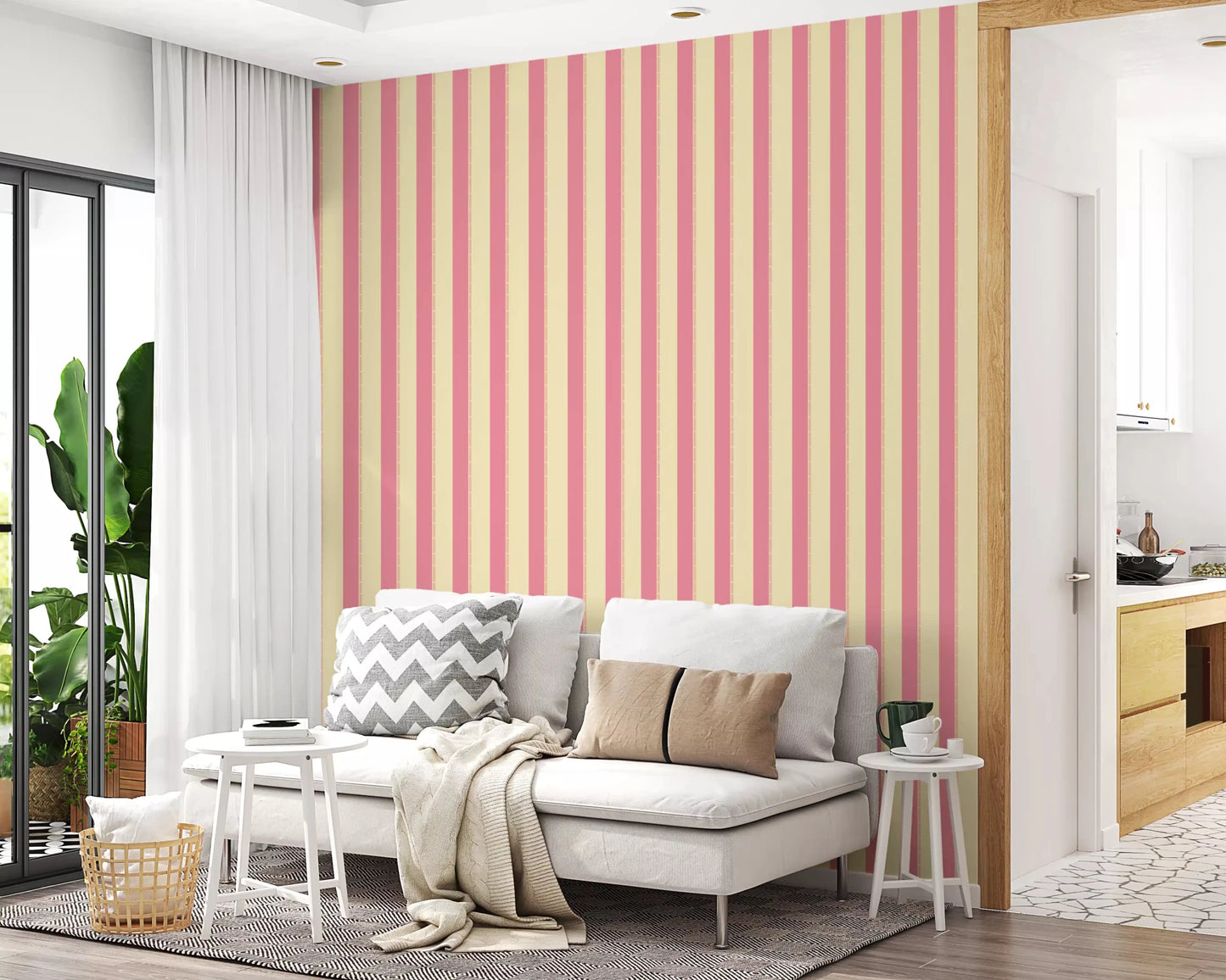 Pink and cream stripe wallpaper for a stylish and clean home.