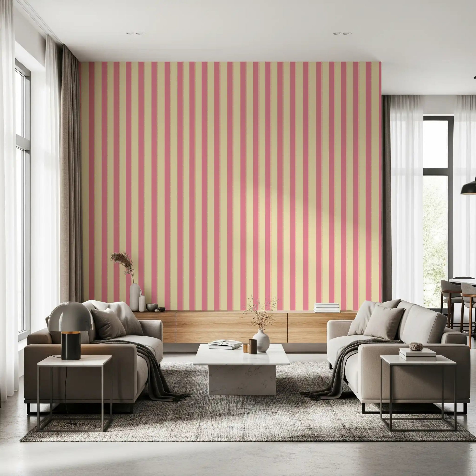 Sweet Stripes peel and stick wallpaper in vibrant multicolor stripes for living room
