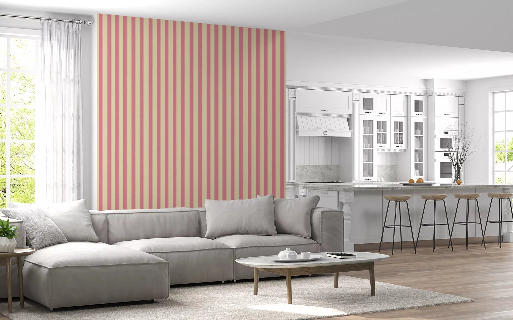 Sweet Stripes Wallpaper in a minimalist hallway with soft pastel tones.