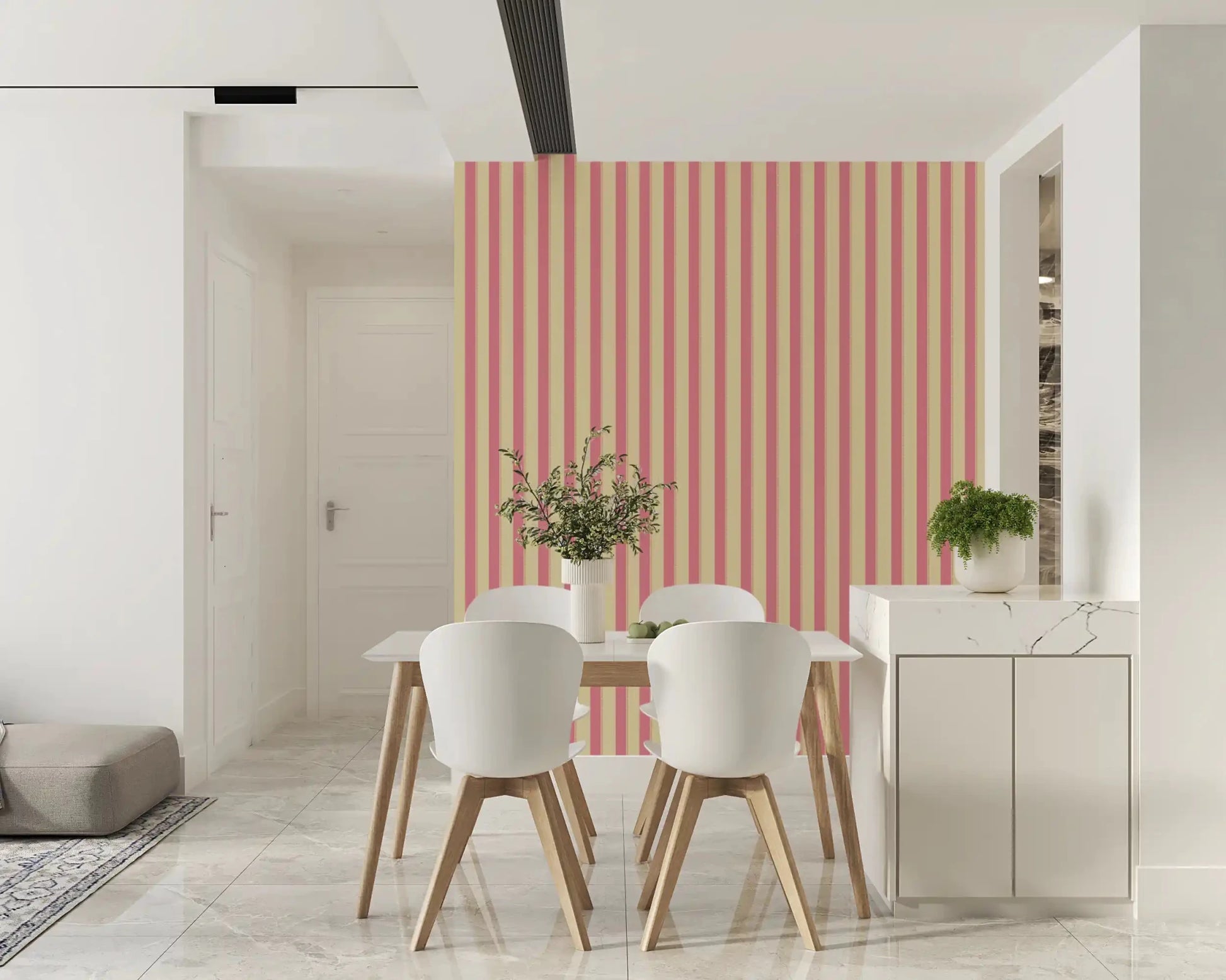 Symmetrical pink and beige wallpaper for a balanced bedroom atmosphere.
