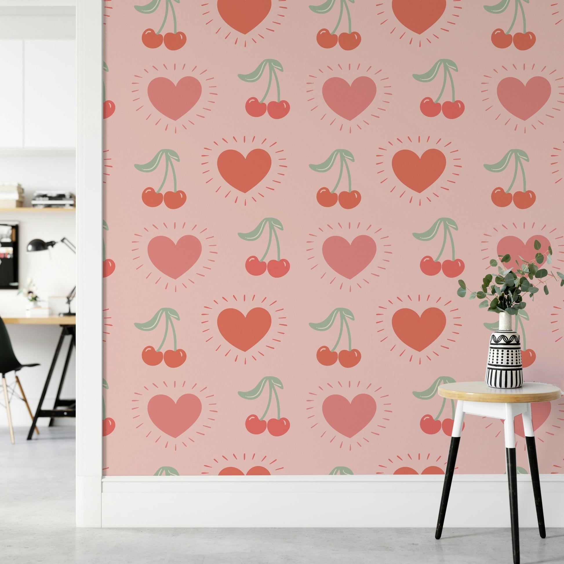 Cherry wallpaper with hearts on light background


