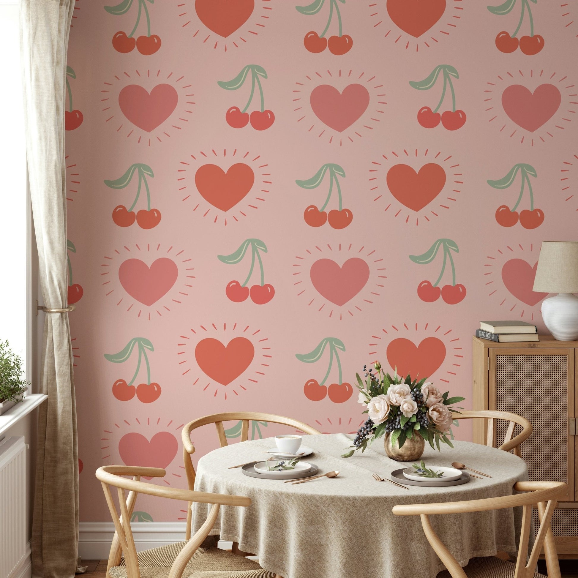 Sweet cherry and heart wallpaper for fun interiors

