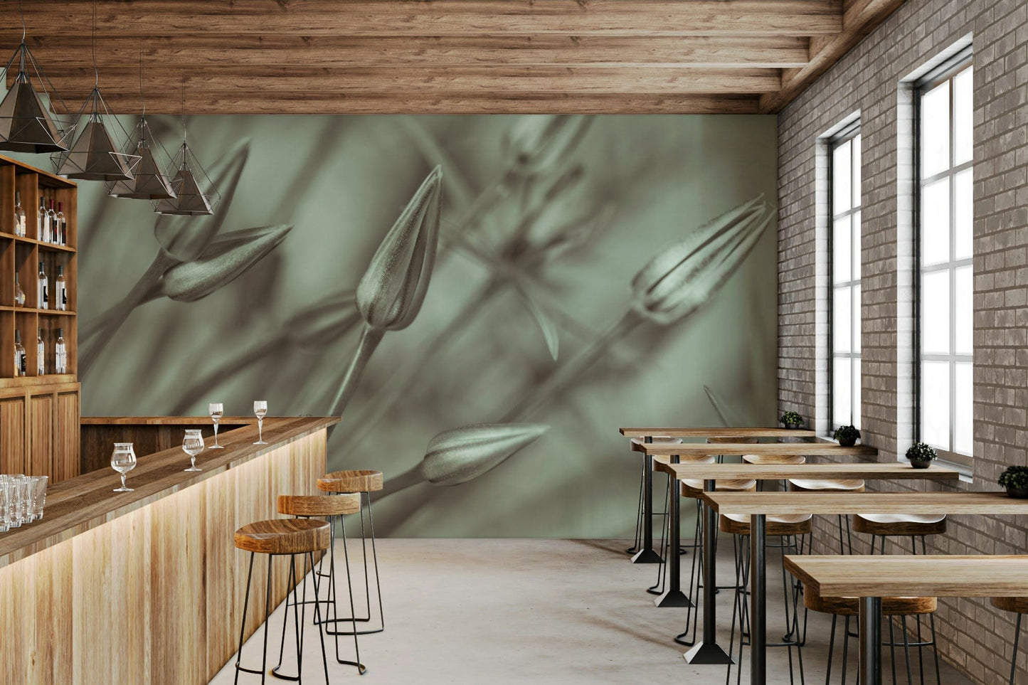 Sage green allium floral wall covering in dining room