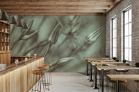Sage green allium floral wall covering in dining room