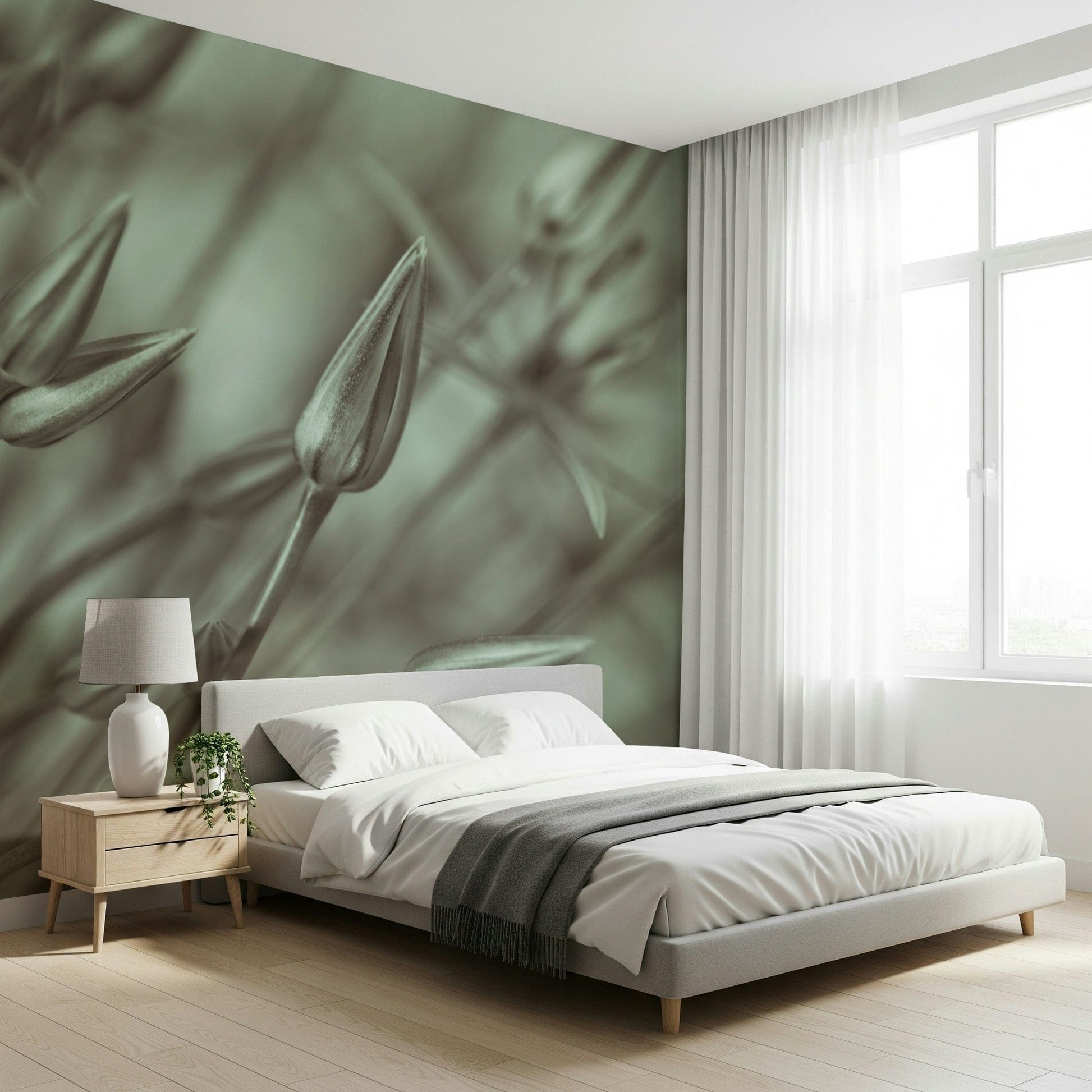 Bedroom featuring calming sage allium plant wall design