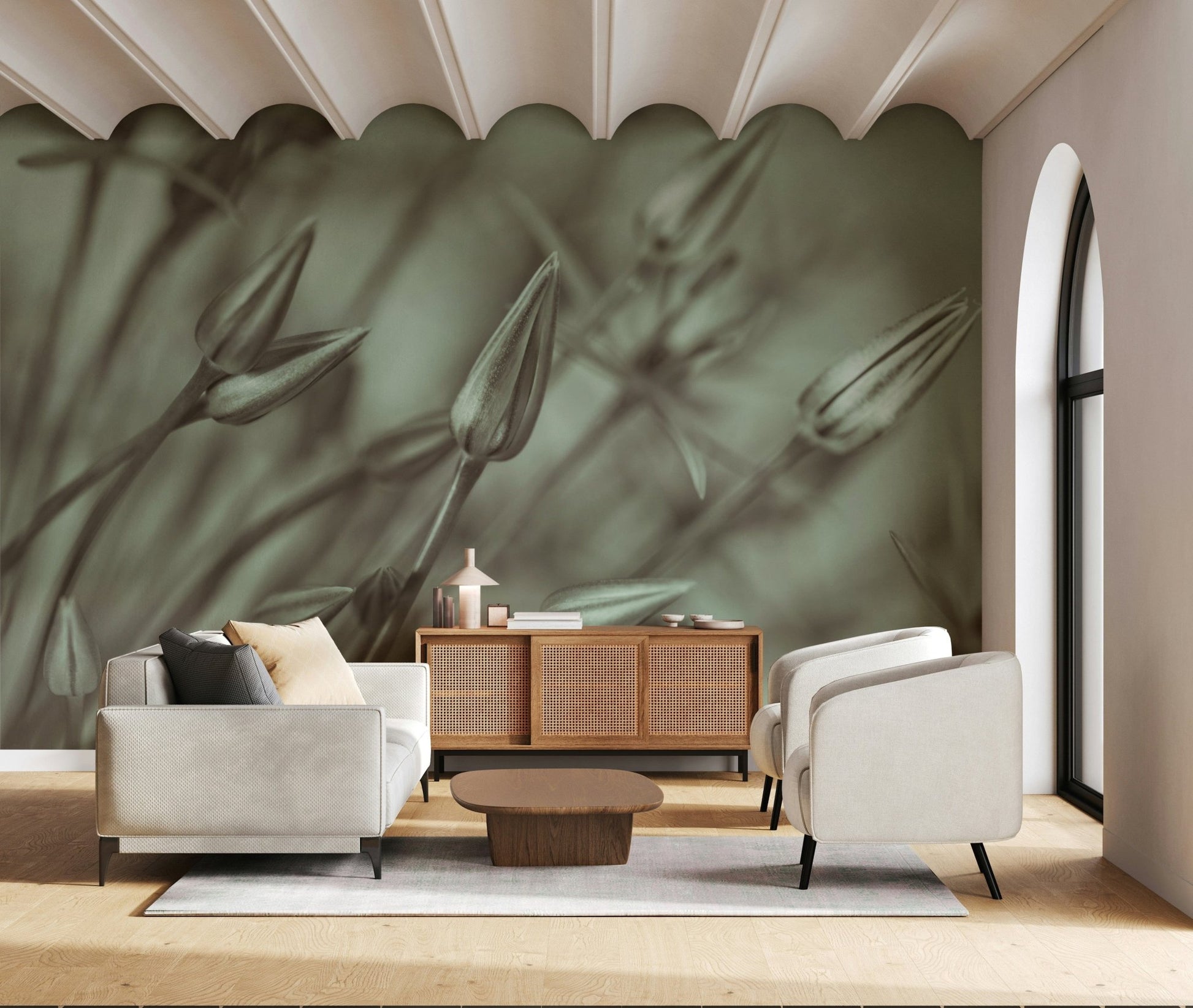 Living area with stylish green floral wall background