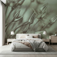 Calming bedroom space with sage green floral wall mural