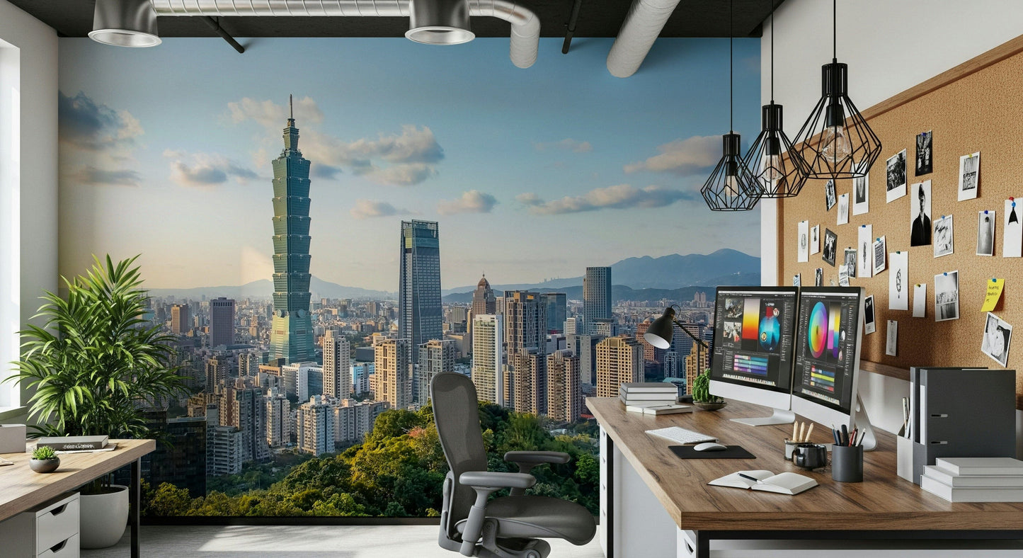 Towering Taipei Skyline Serenity architecture wall covering print.