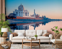 Scenic Taj Mahal design printed on premium purple wallpaper surface