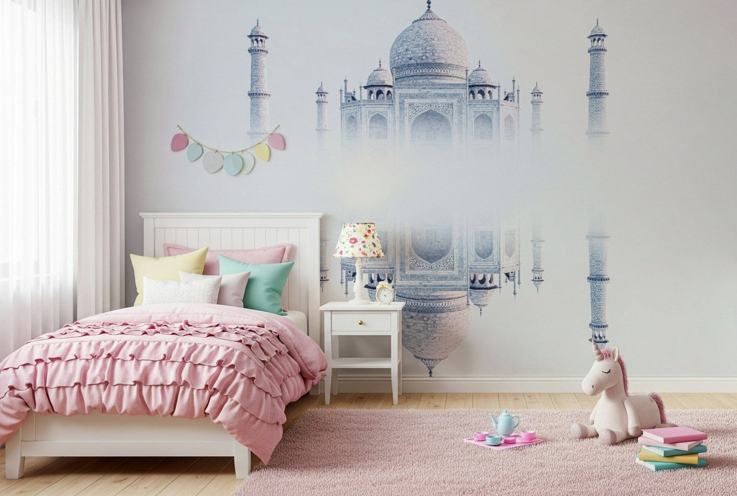 Historical Taj Mahal Mirage reflection mural interior graphic.
