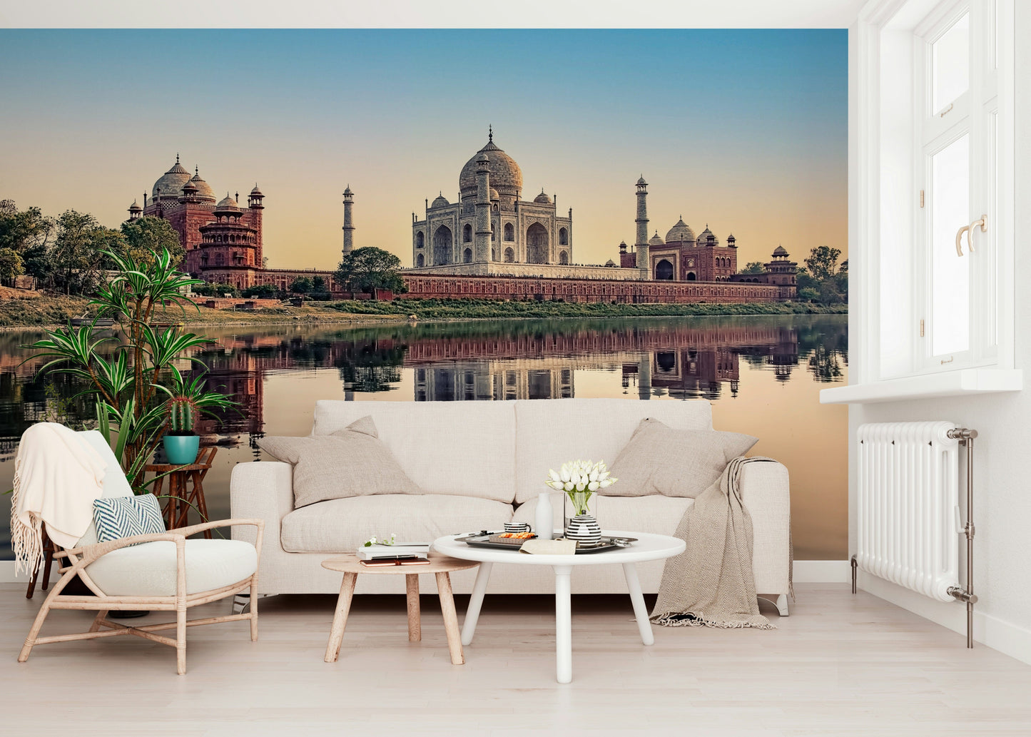 Taj Mahal's Reflection Wall Mural in a bright apartment living room with white furniture.