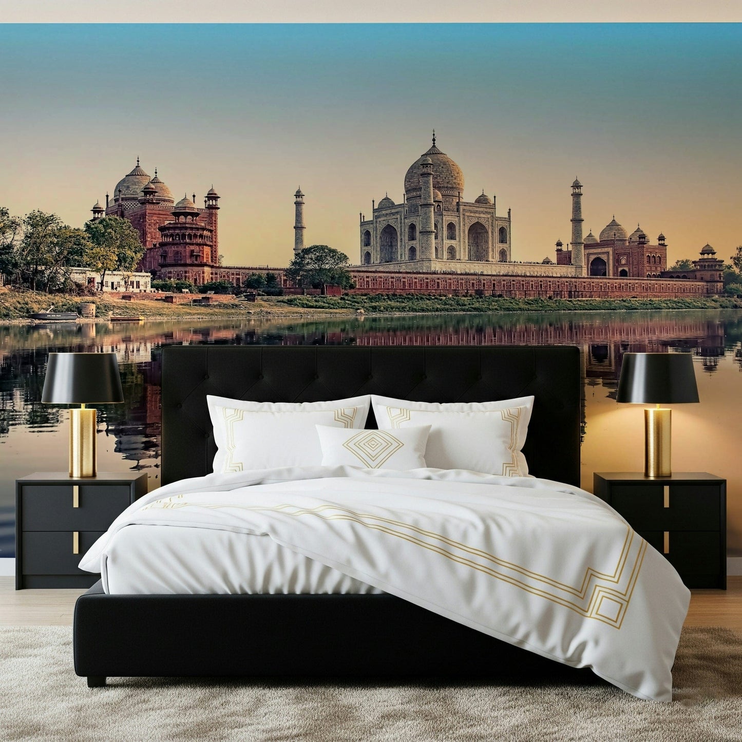 Taj Mahal's Reflection Wall Mural paired with indoor plants and natural light.