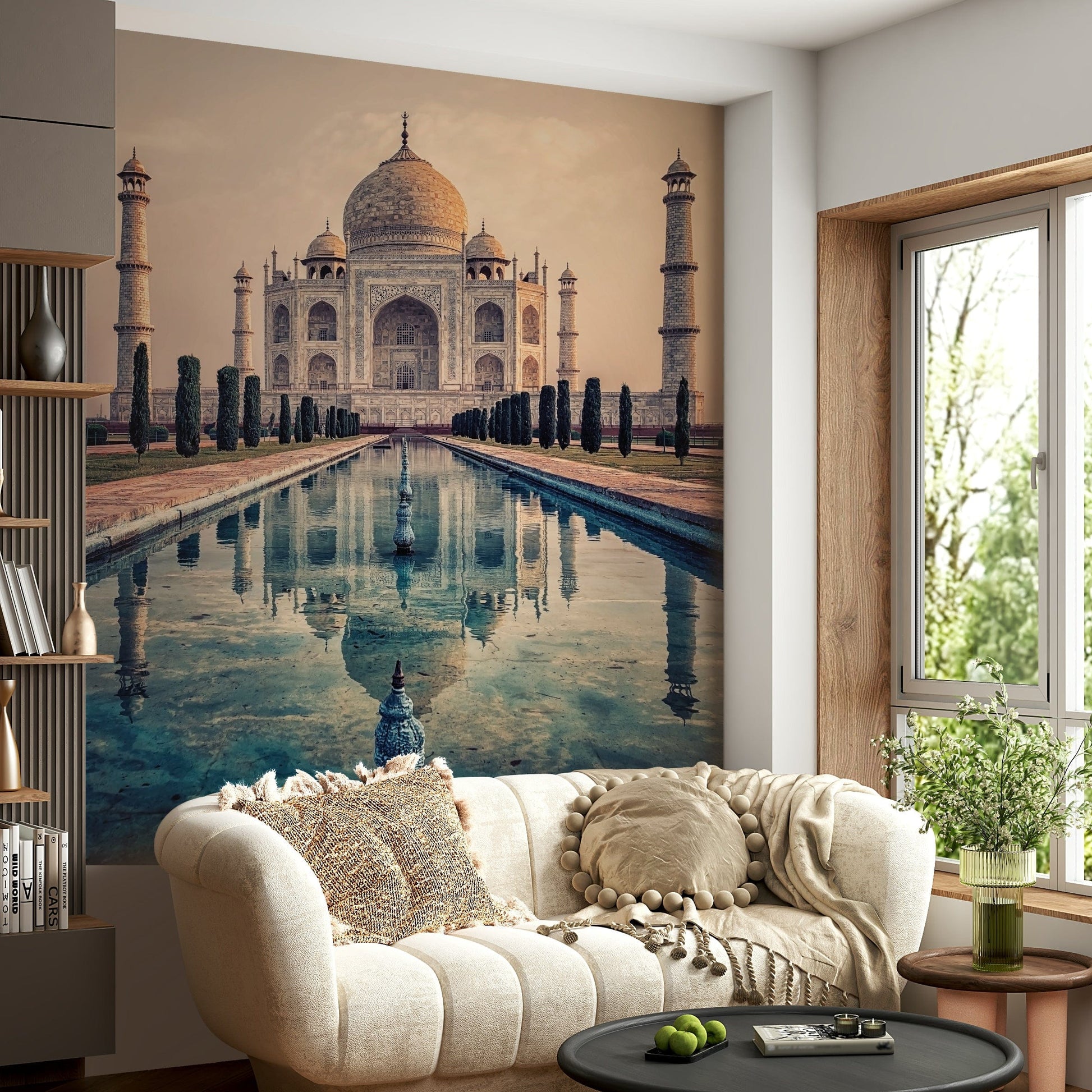 Elegant mausoleum architecture defines Indian Palace Serenity mural.