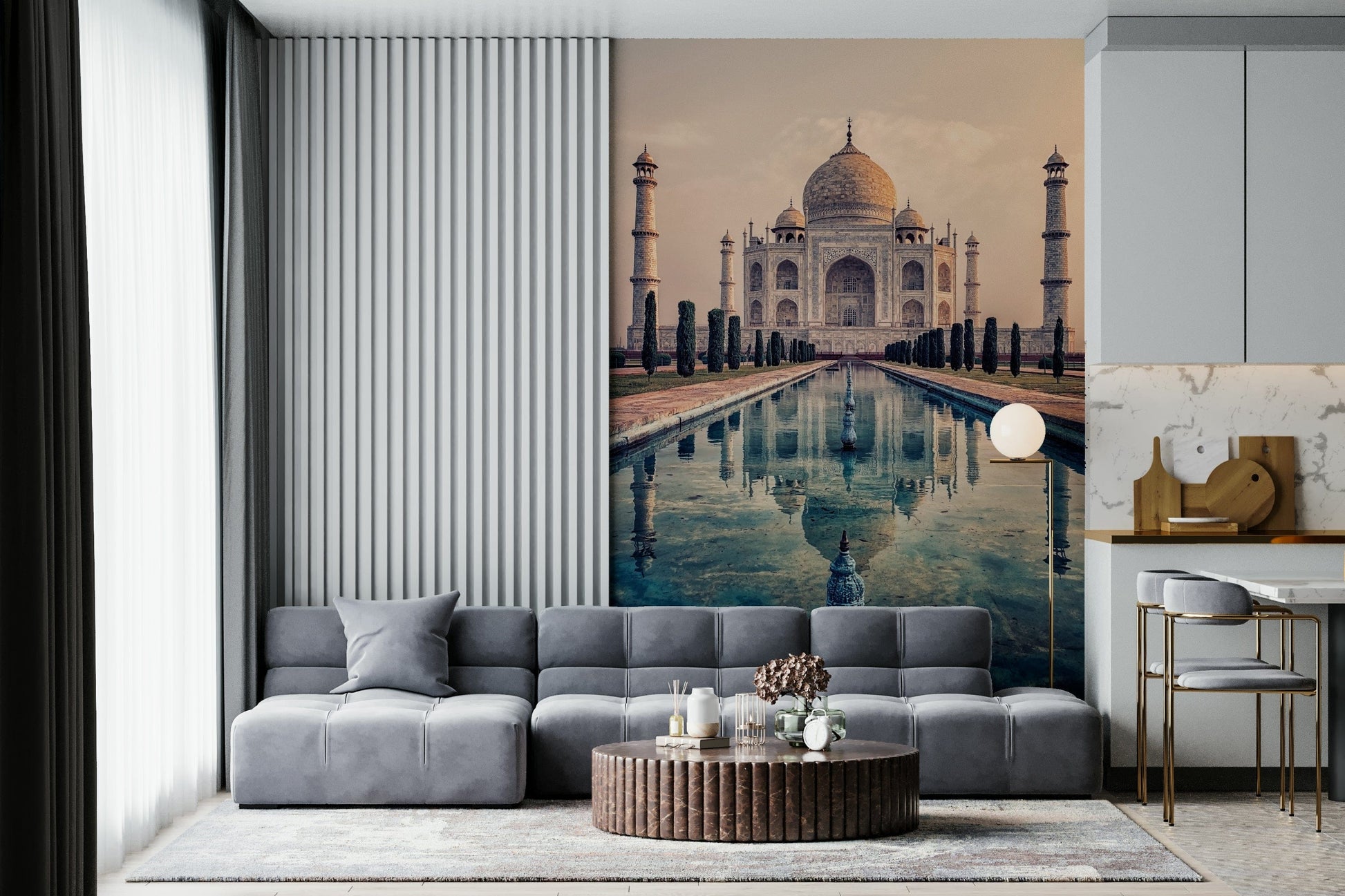Symmetric garden paths frame Indian Palace Serenity wall mural.