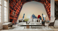Beautiful Taj Mahal at sunset wall mural archway perspective majestic view.