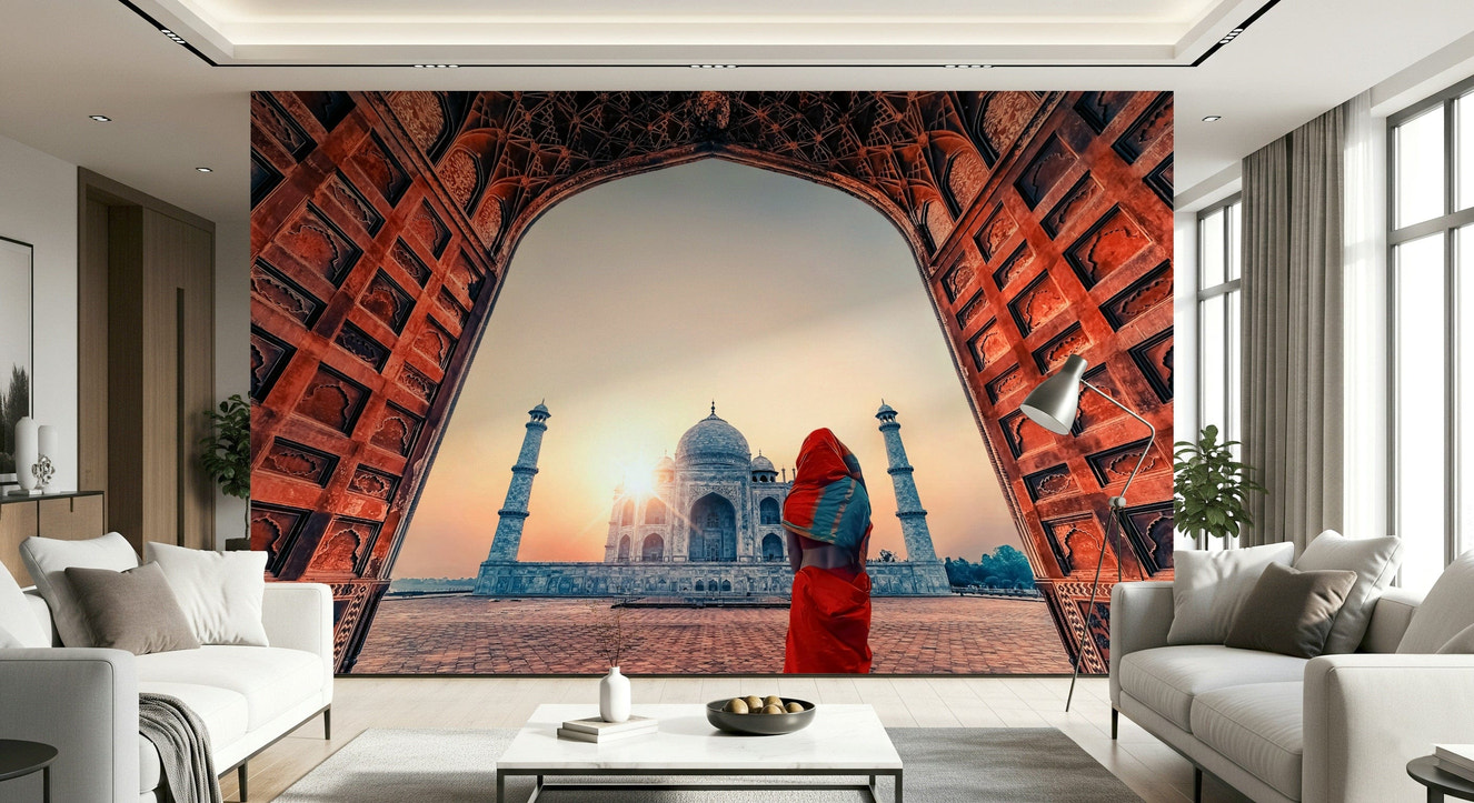 Taj Mahal at sunset wallpaper for walls sunrise view architectural archway.