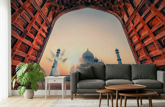 Majestic Taj Mahal Sunset wall mural architecture view.