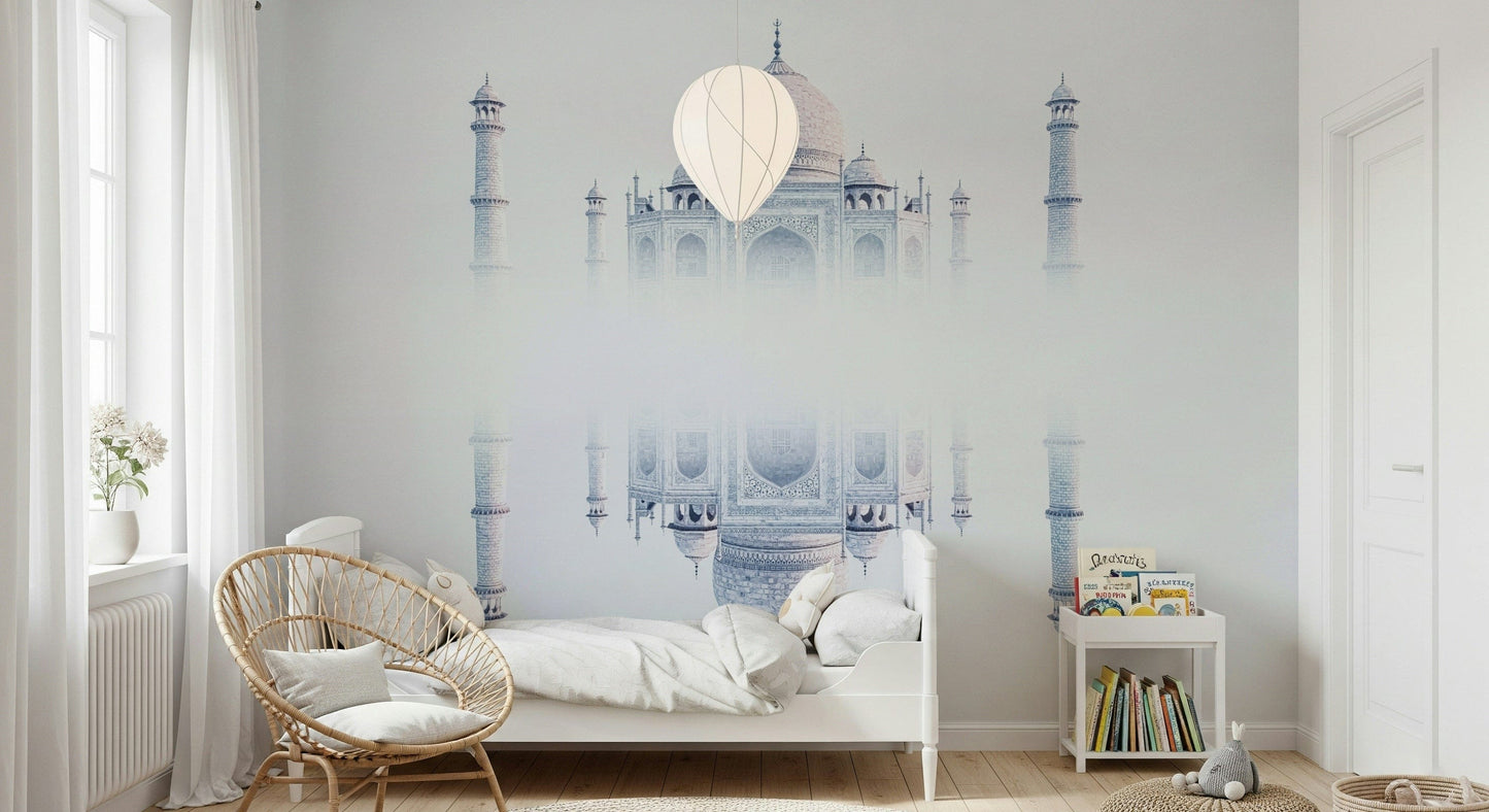 Mystical Taj Mahal Mirage wall covering white design.