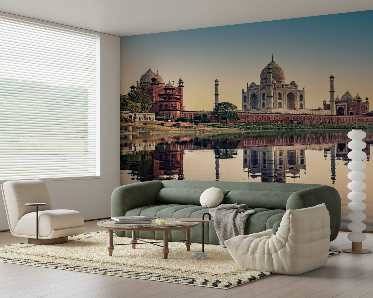 Blue and white color palette wall decor for a minimalist bedroom.