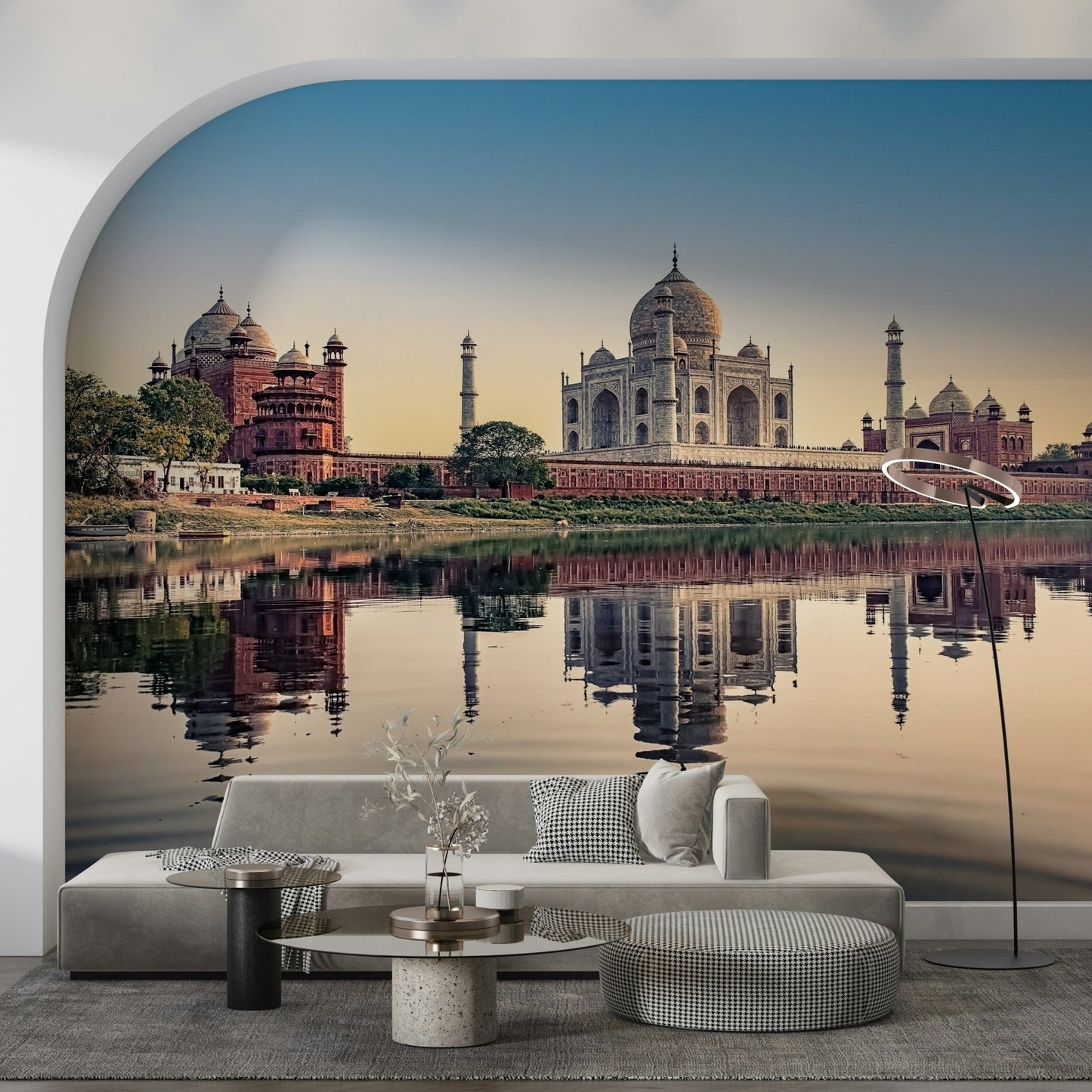 Classic monument scene used as a backdrop for a professional workspace.