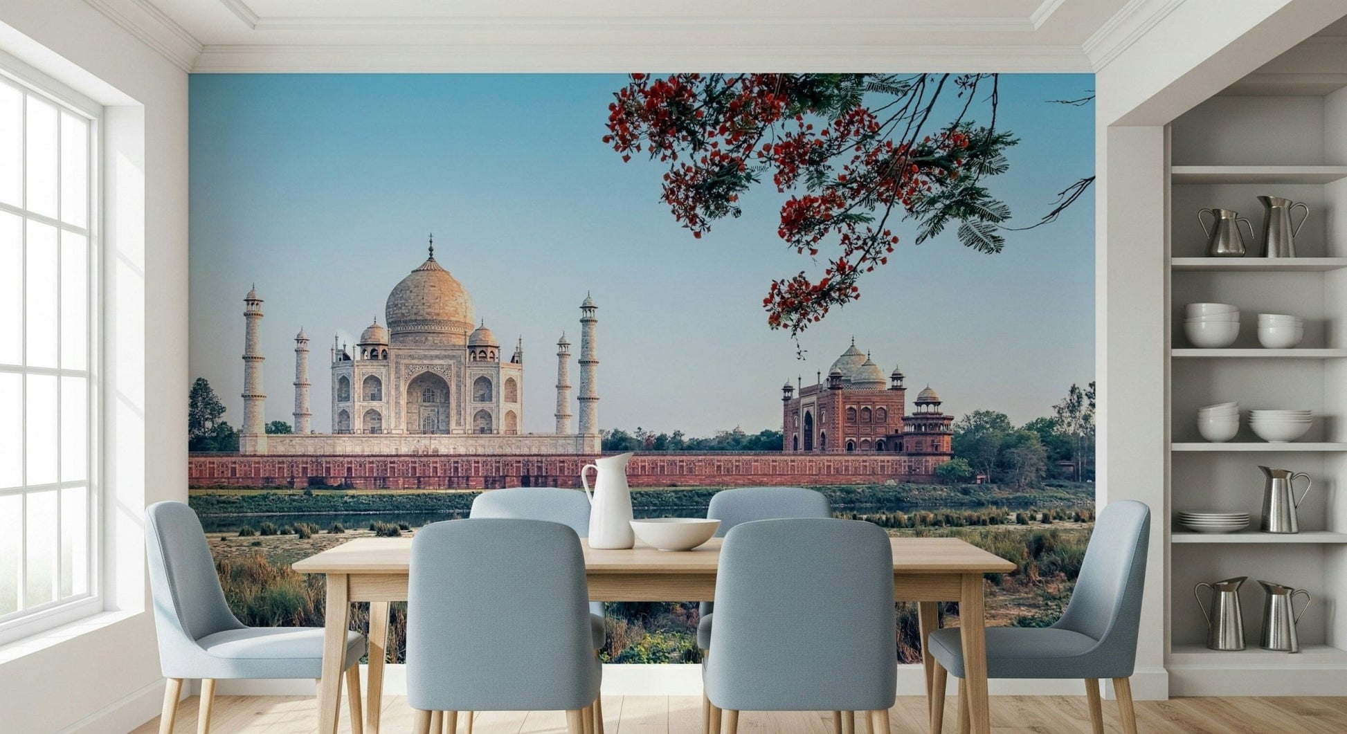 Serene grassy foreground with Taj Serenity wall artwork.