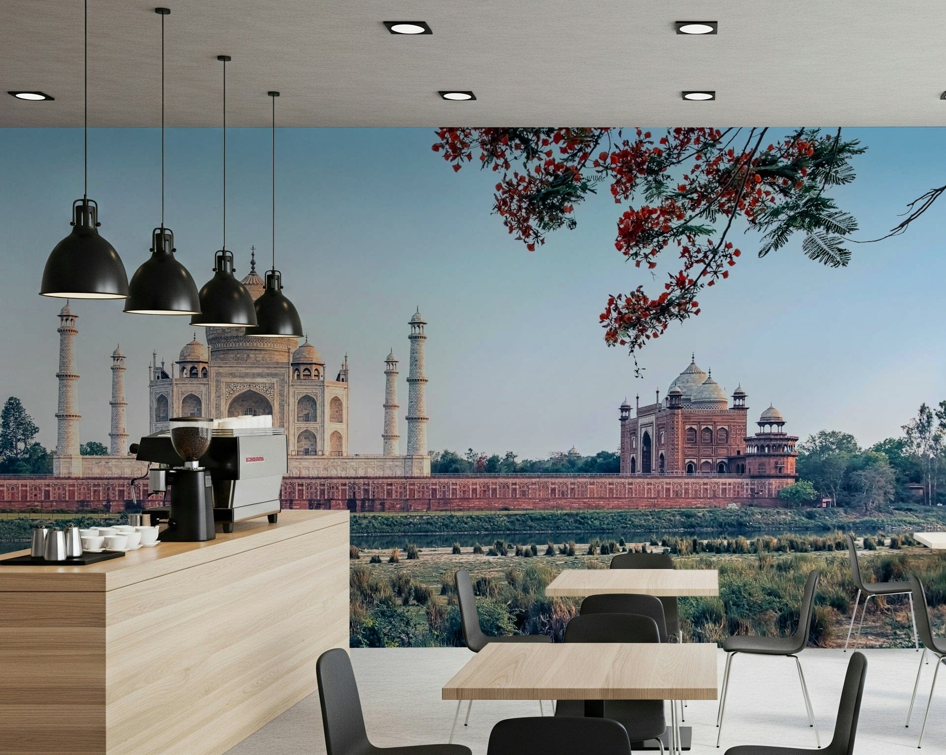Waterfront view of famous structure, Taj Serenity mural.