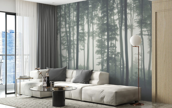Tall Natural Forest Tree Aesthetic wallpaper mural shown as a full feature wall that highlights the design